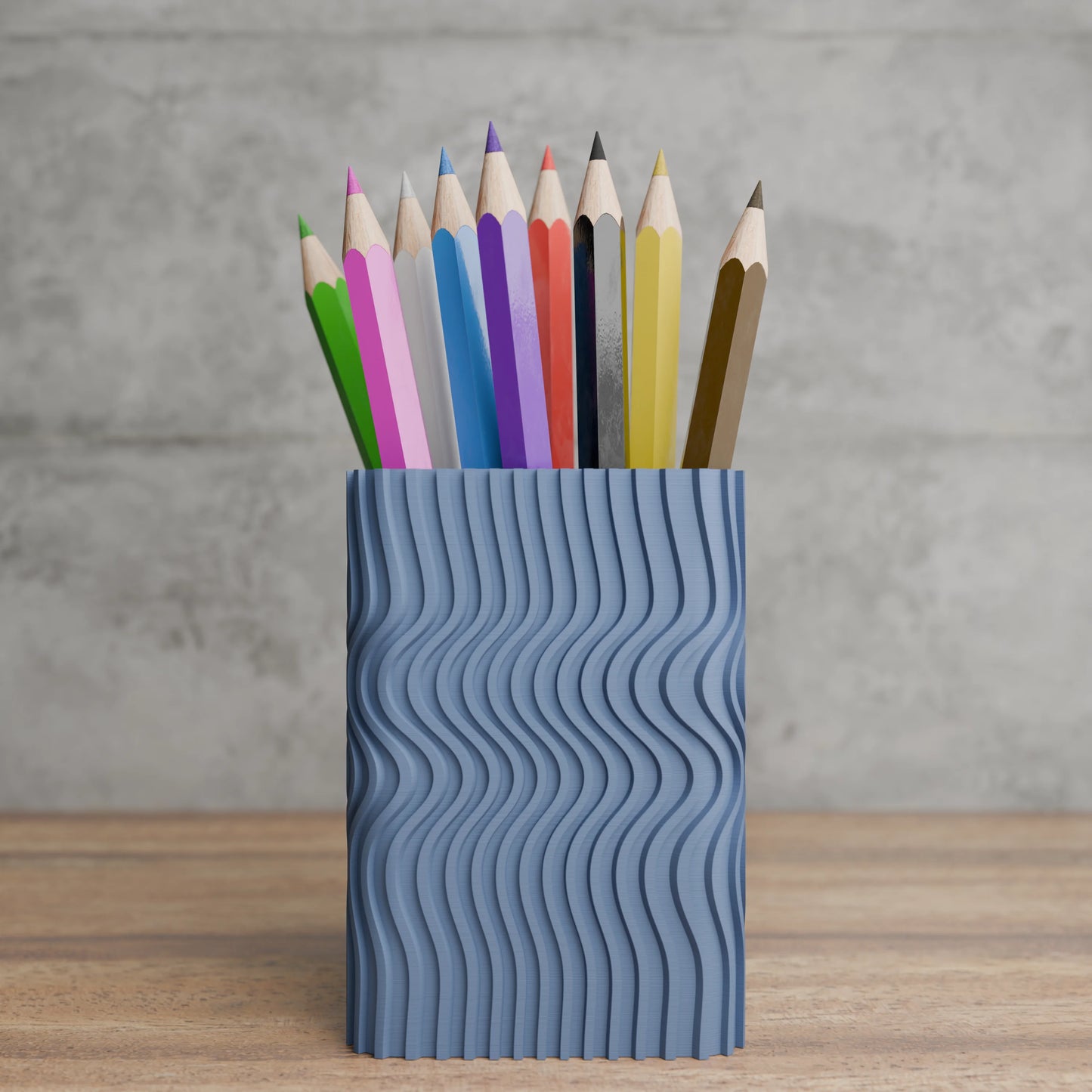 Design pen holder Wavy Corner with pens on desk - Muted Blue