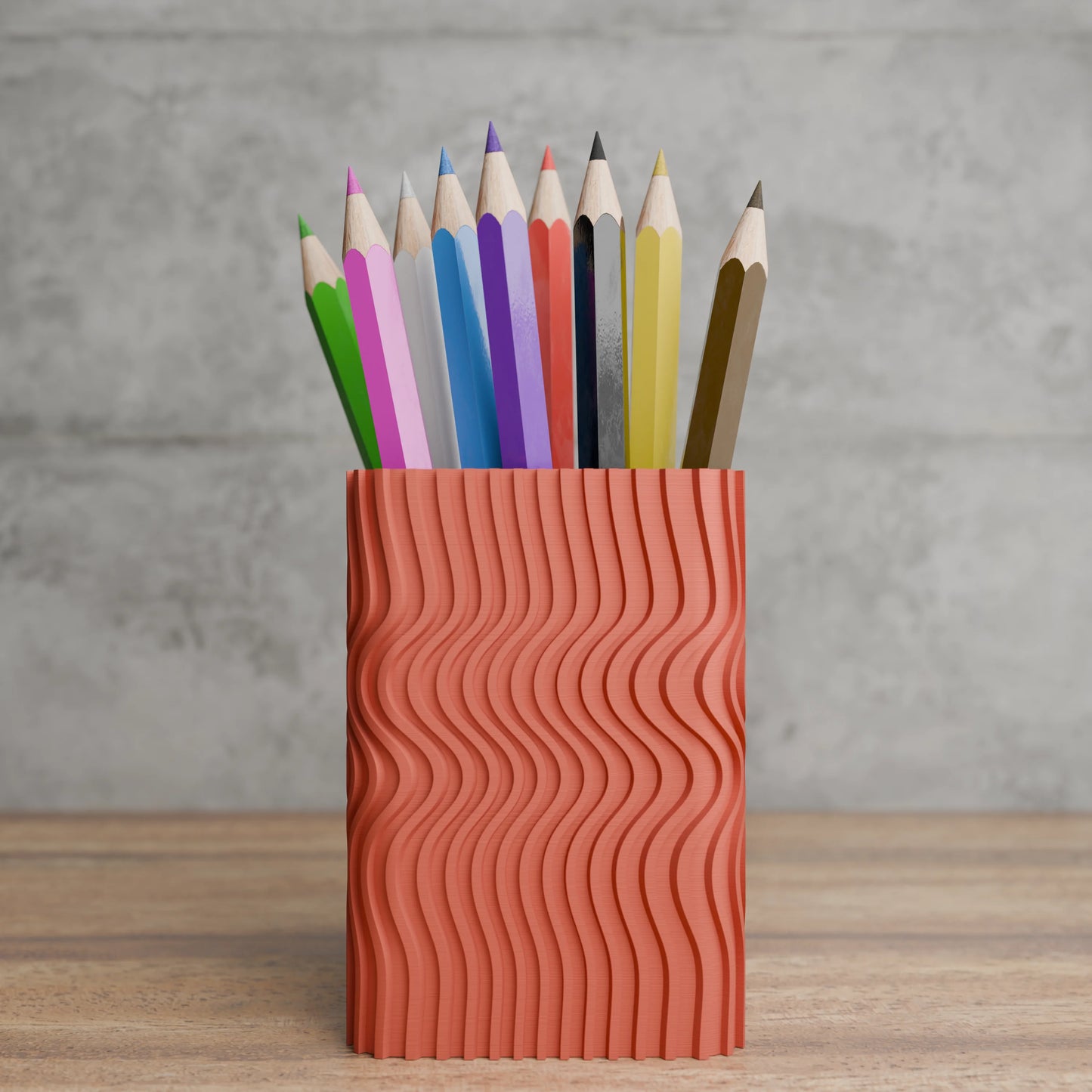 Design pen holder Wavy Corner with pens on desk - Matt Red