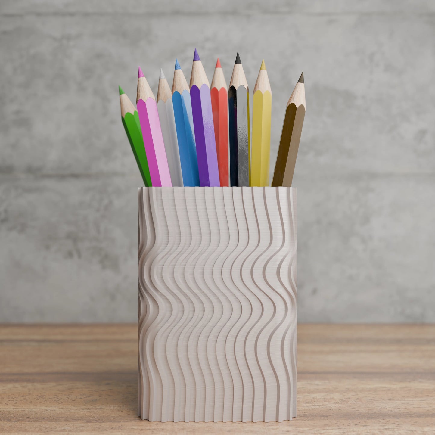 Design pen holder Wavy Corner with pens on desk - Muted White