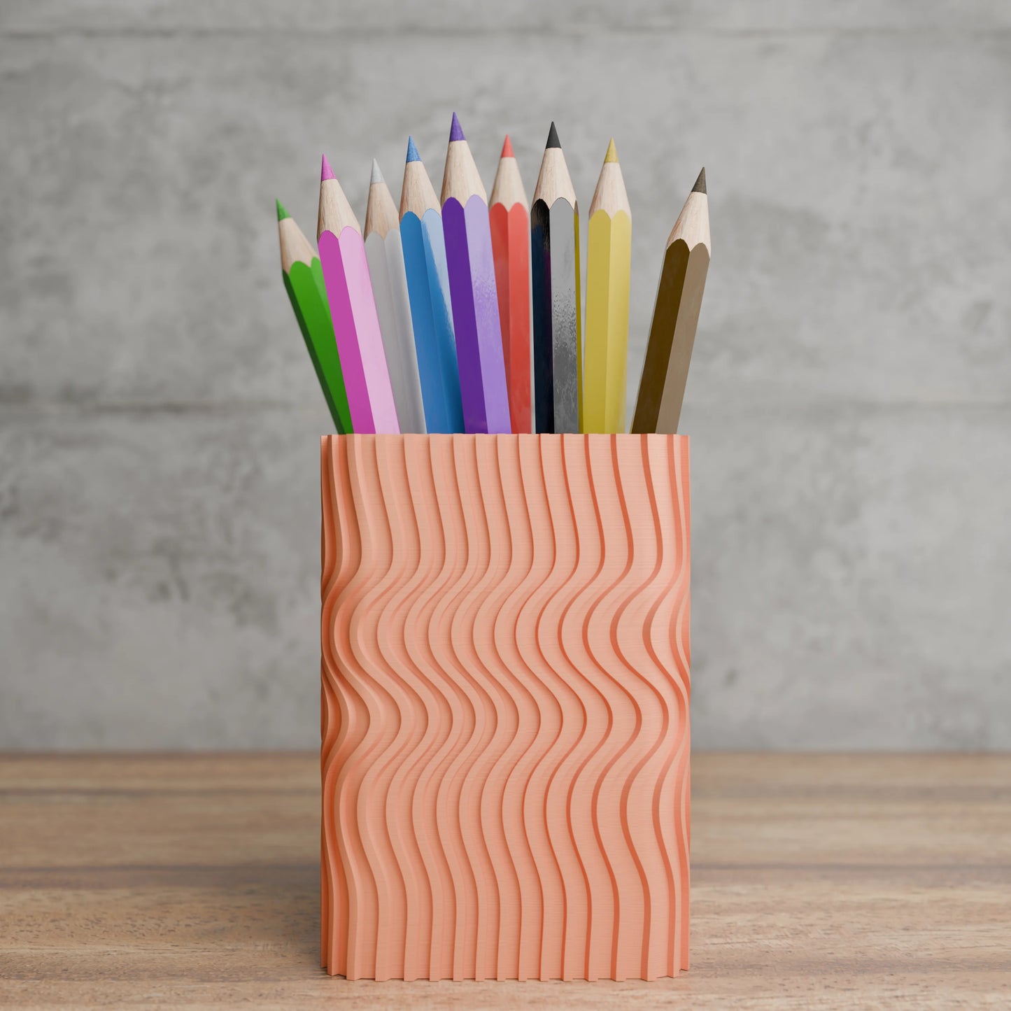 Design pen holder Wavy Corner with pens on desk - Peach