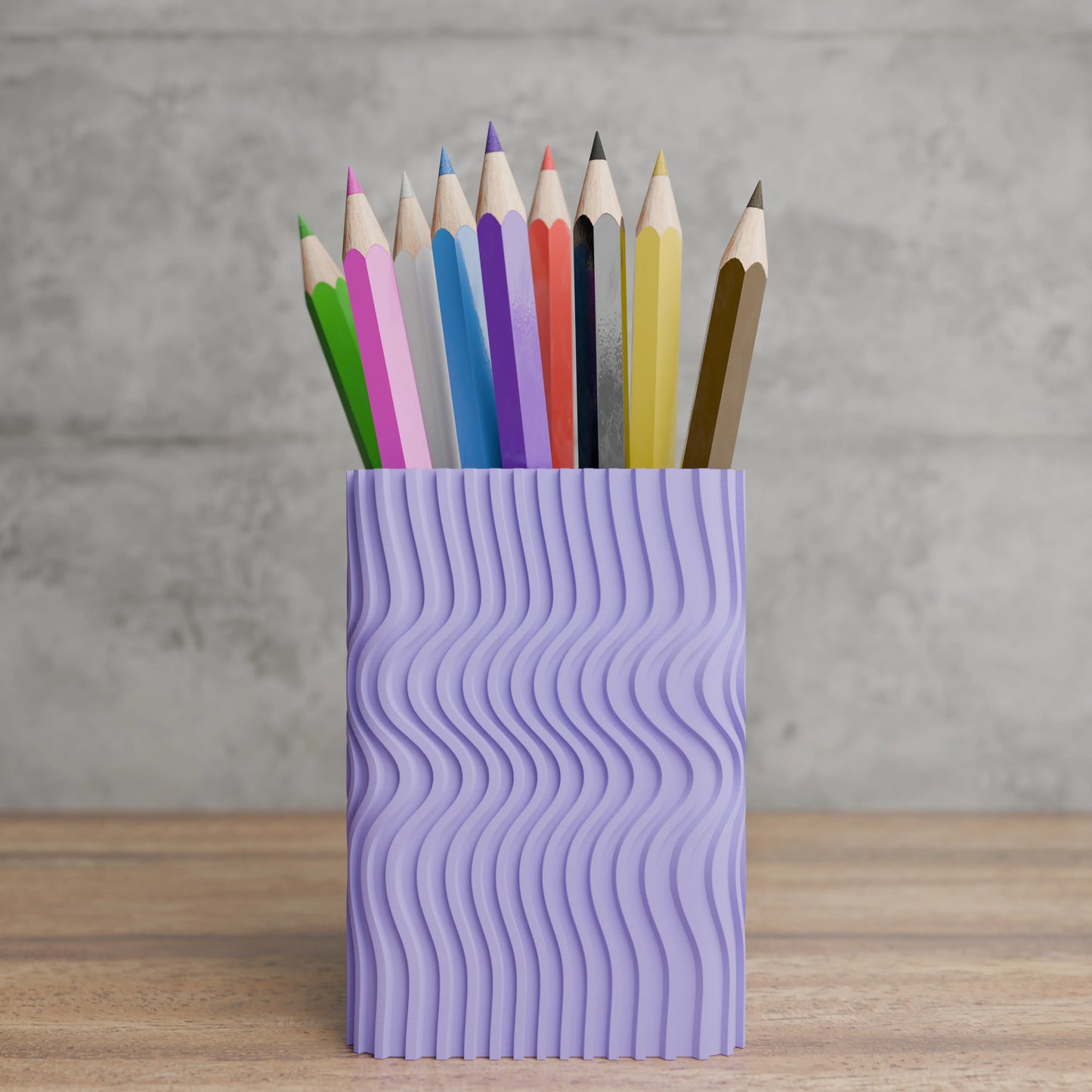Design pen holder Wavy Corner with pens on desk - Periwinkle