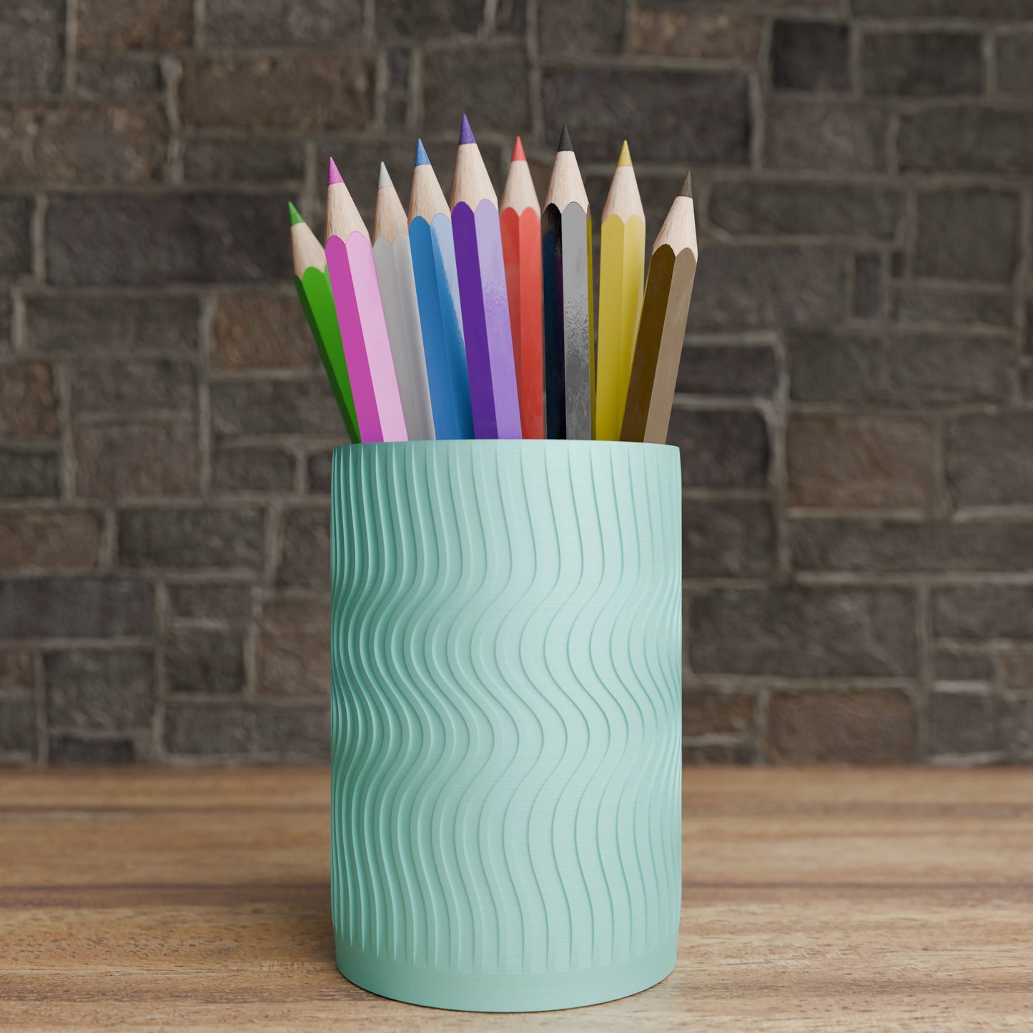 Elegant Wavy Round pen holder with pens in Arctic Teal