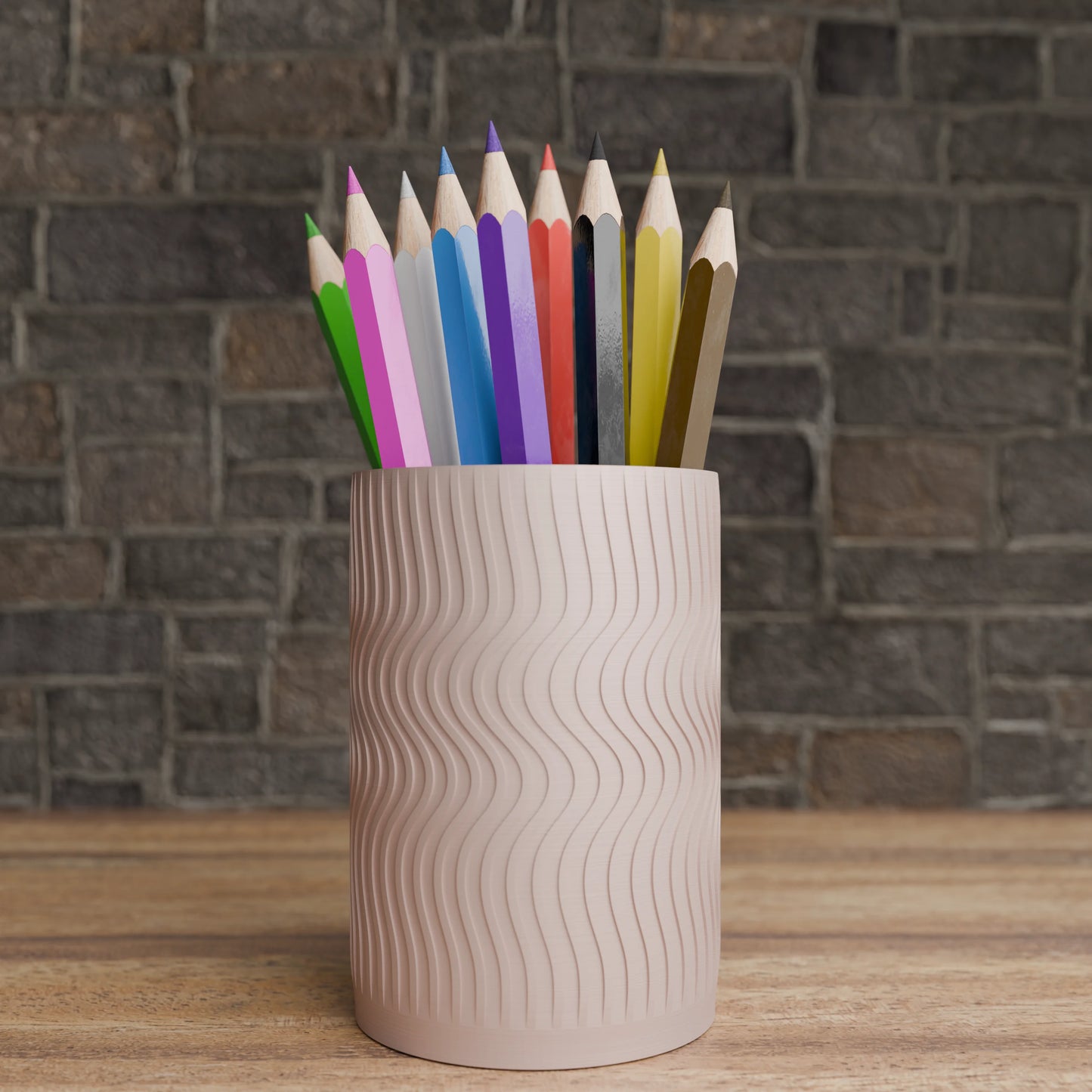 Elegant Wavy Round pen holder with pens in Army Beige