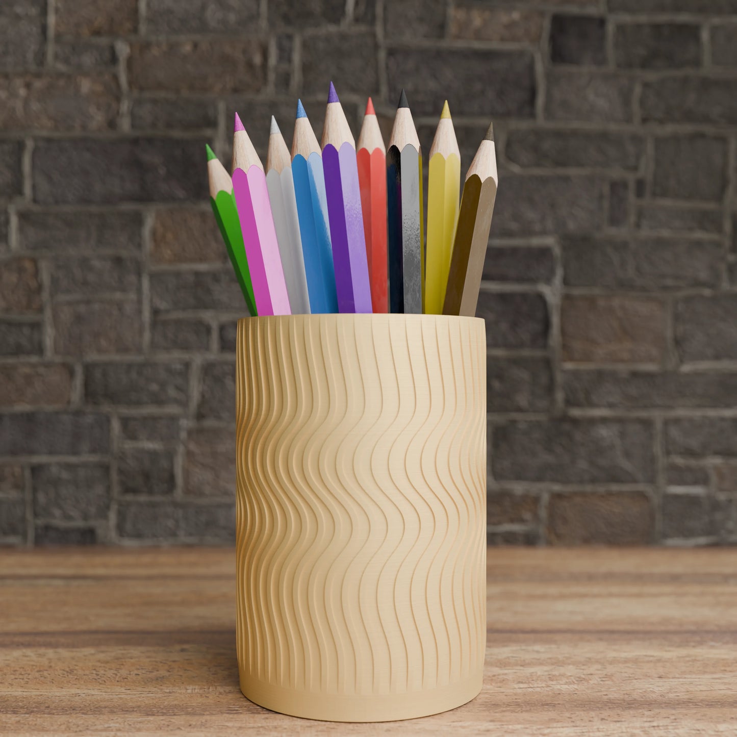 Elegant Wavy Round pen holder with pens in Banana Yellow