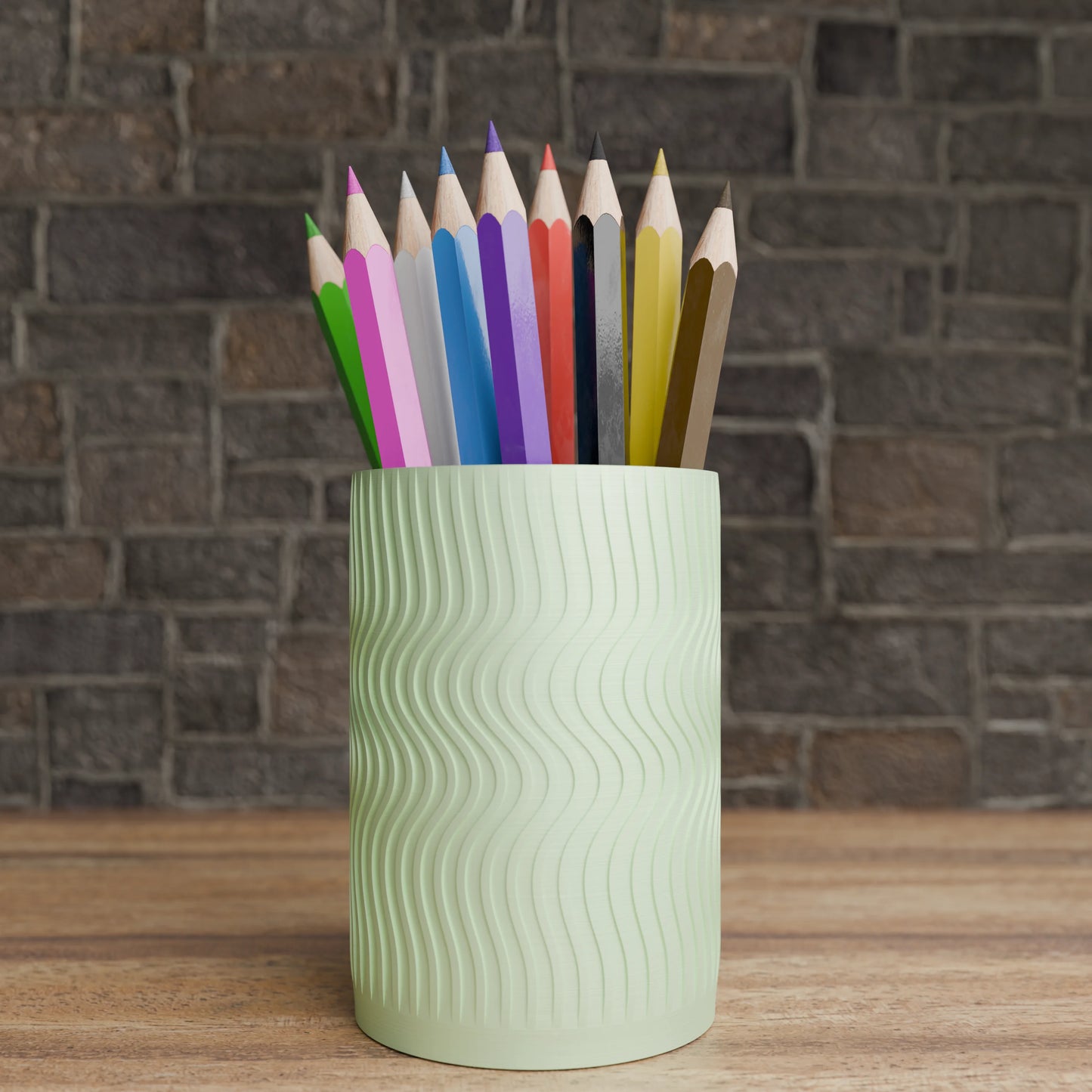 Elegant Wavy Round pen holder with pens in Mint