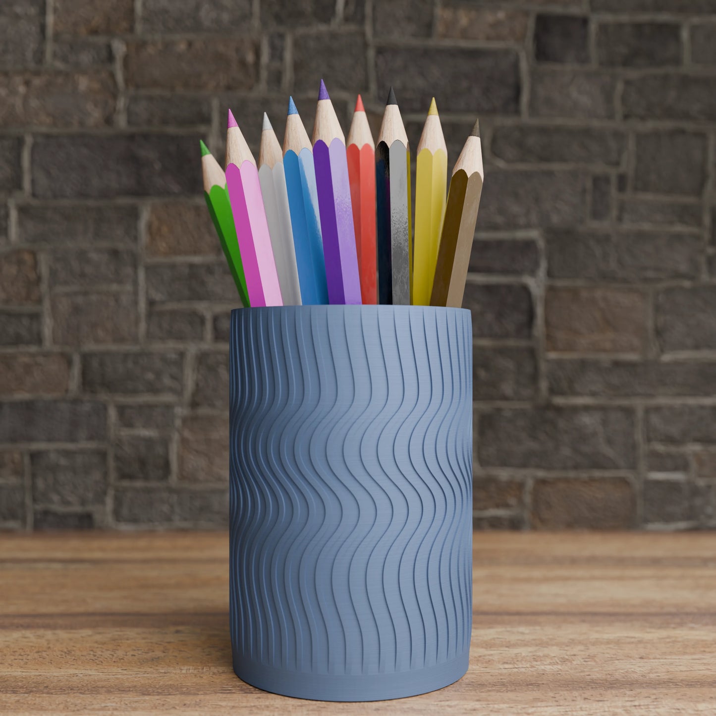 Elegant Wavy Round pen holder with pens in Muted Blue