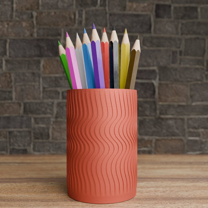 Elegant Wavy Round pen holder with pens in Matt Red