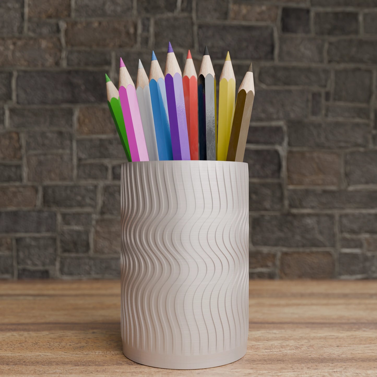Elegant Wavy Round pen holder with pens in Muted White