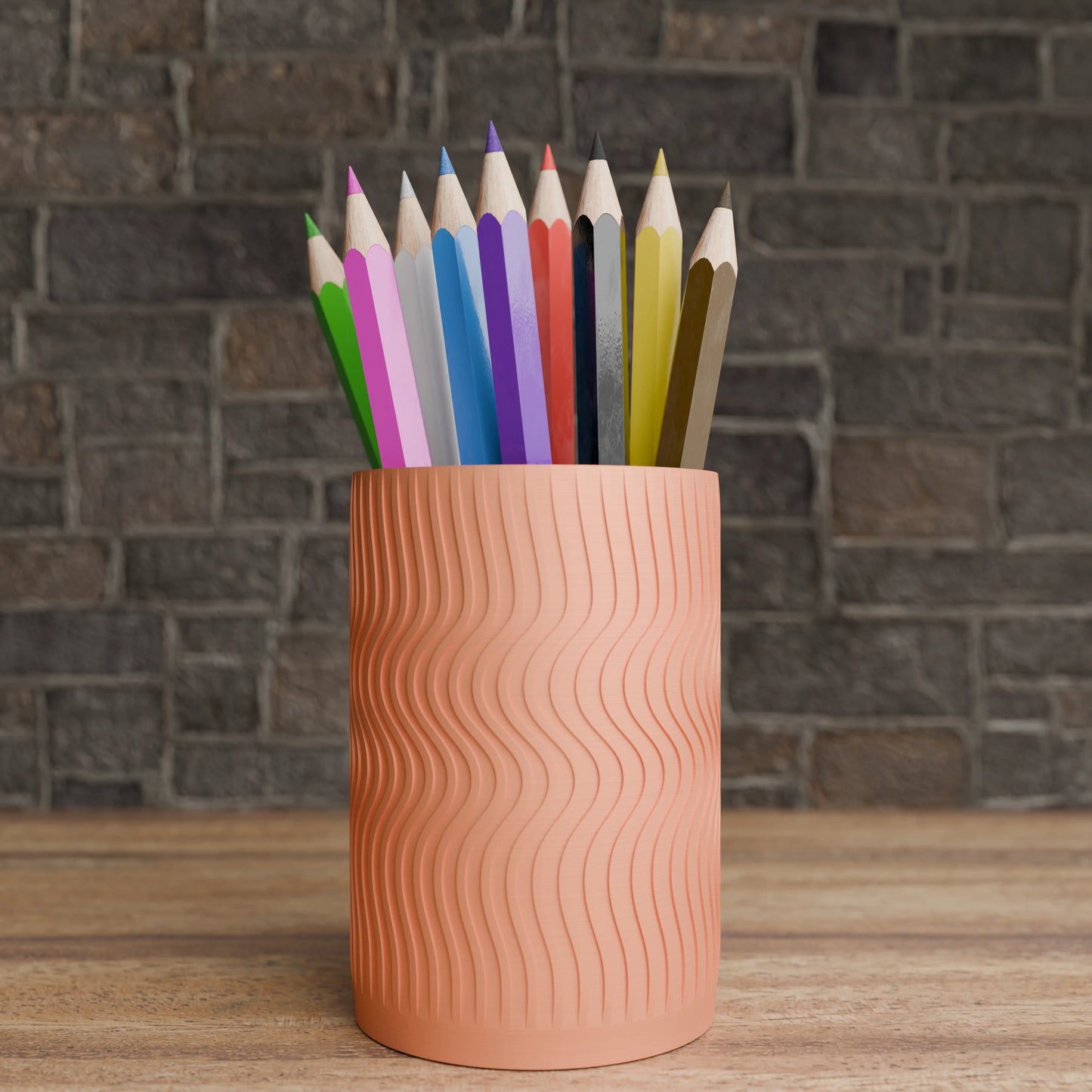 Elegant Wavy Round pen holder with pens in Peach