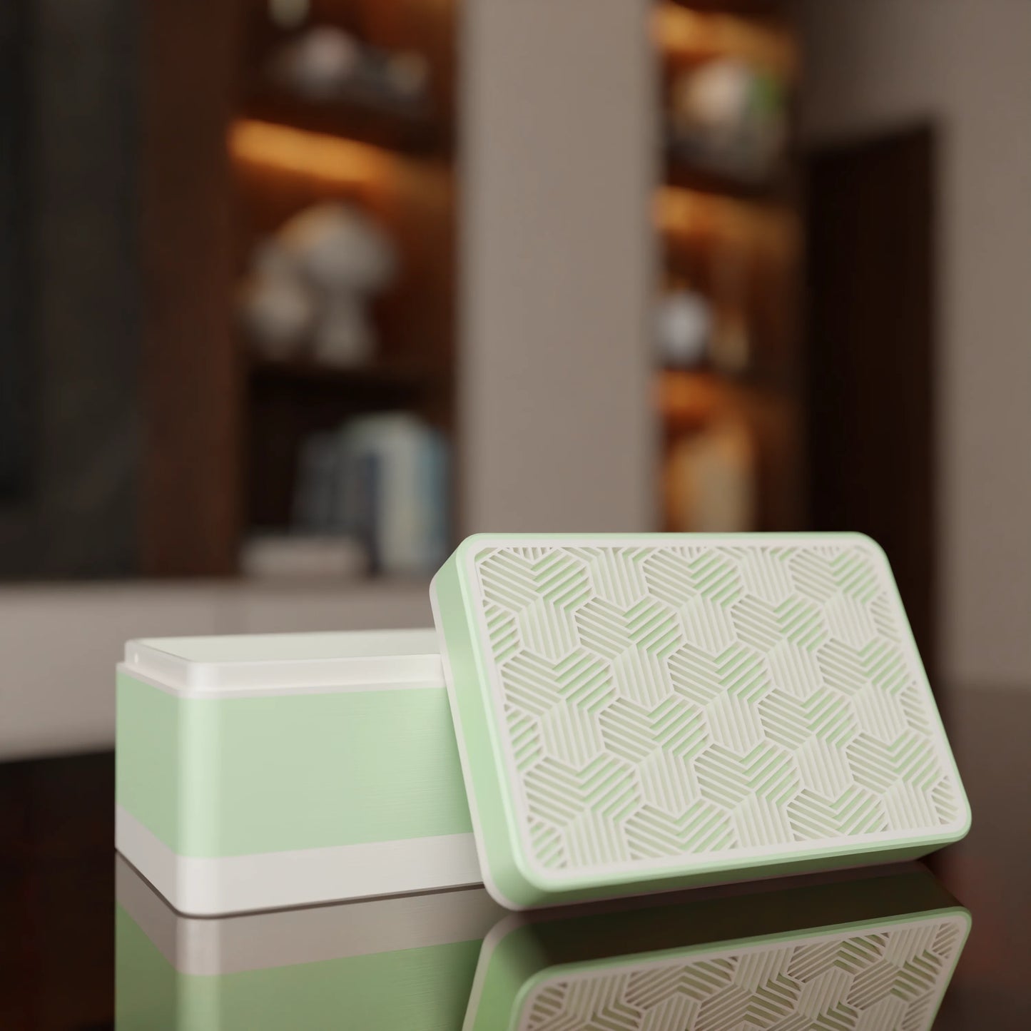 Elegant gift box Triangle with modern pattern, open, Small - 15x10x8, in color Mint