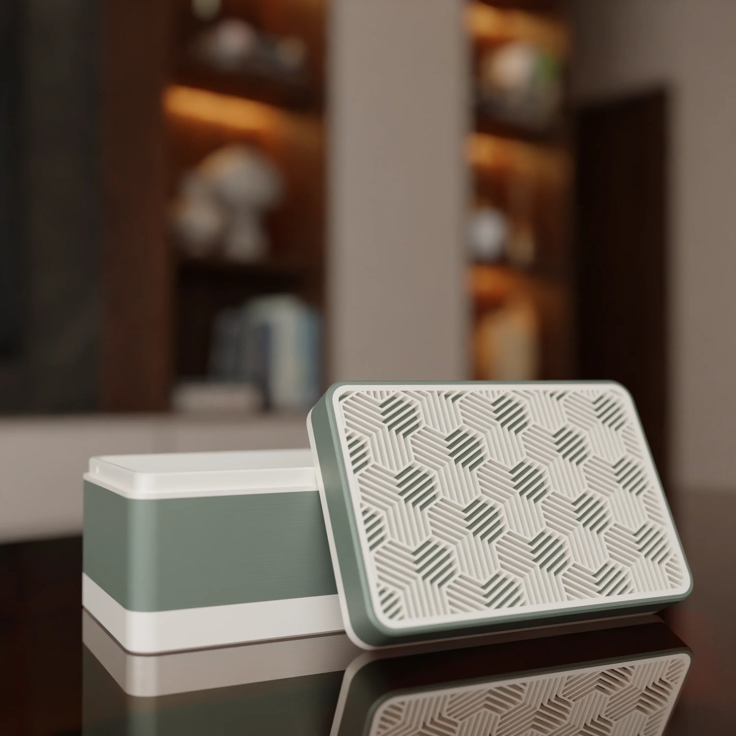 Elegant gift box Triangle with modern pattern, open, Small - 15x10x8, in color Muted Green