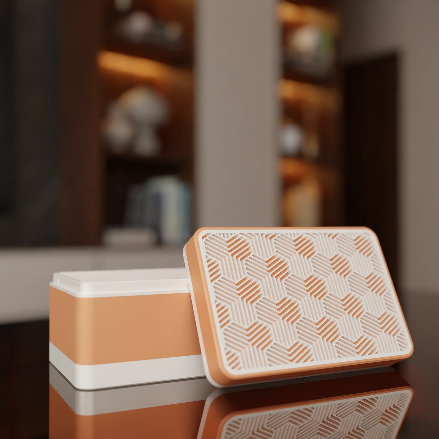 Elegant gift box Triangle with modern pattern, open, Small - 15x10x8, in color Peach