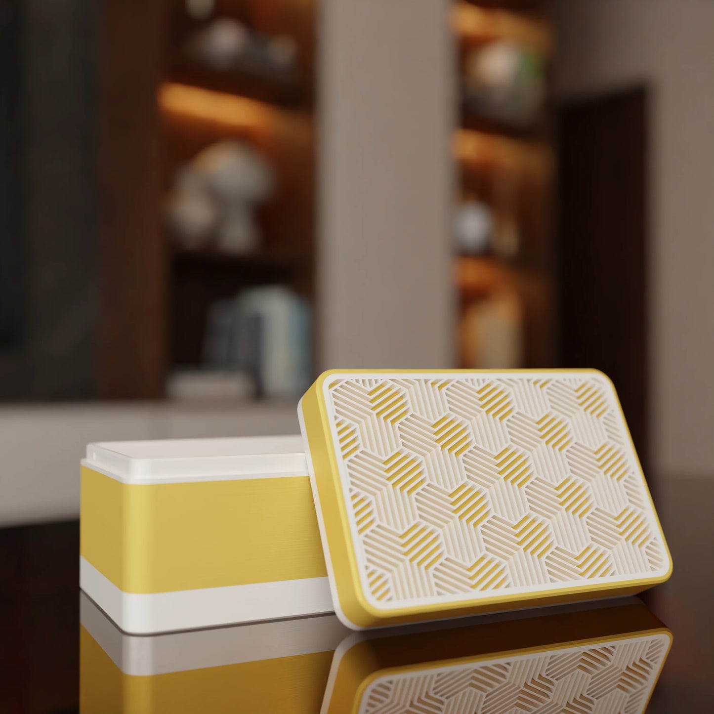 Elegant gift box Triangle with modern pattern, open, Small - 15x10x8, in color Savannah Yellow