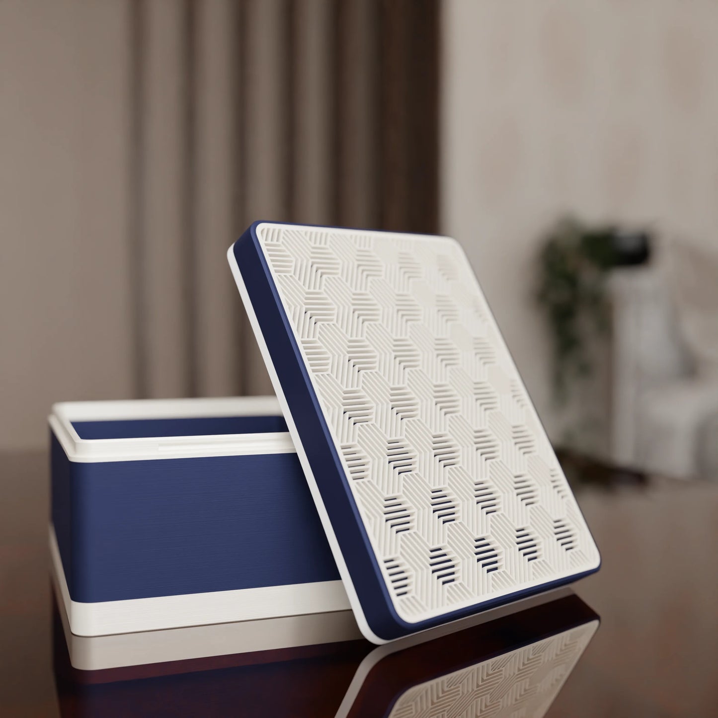 Elegant gift box Triangle with modern pattern, open, Medium - 20x15x10, in color Army Dark Blue