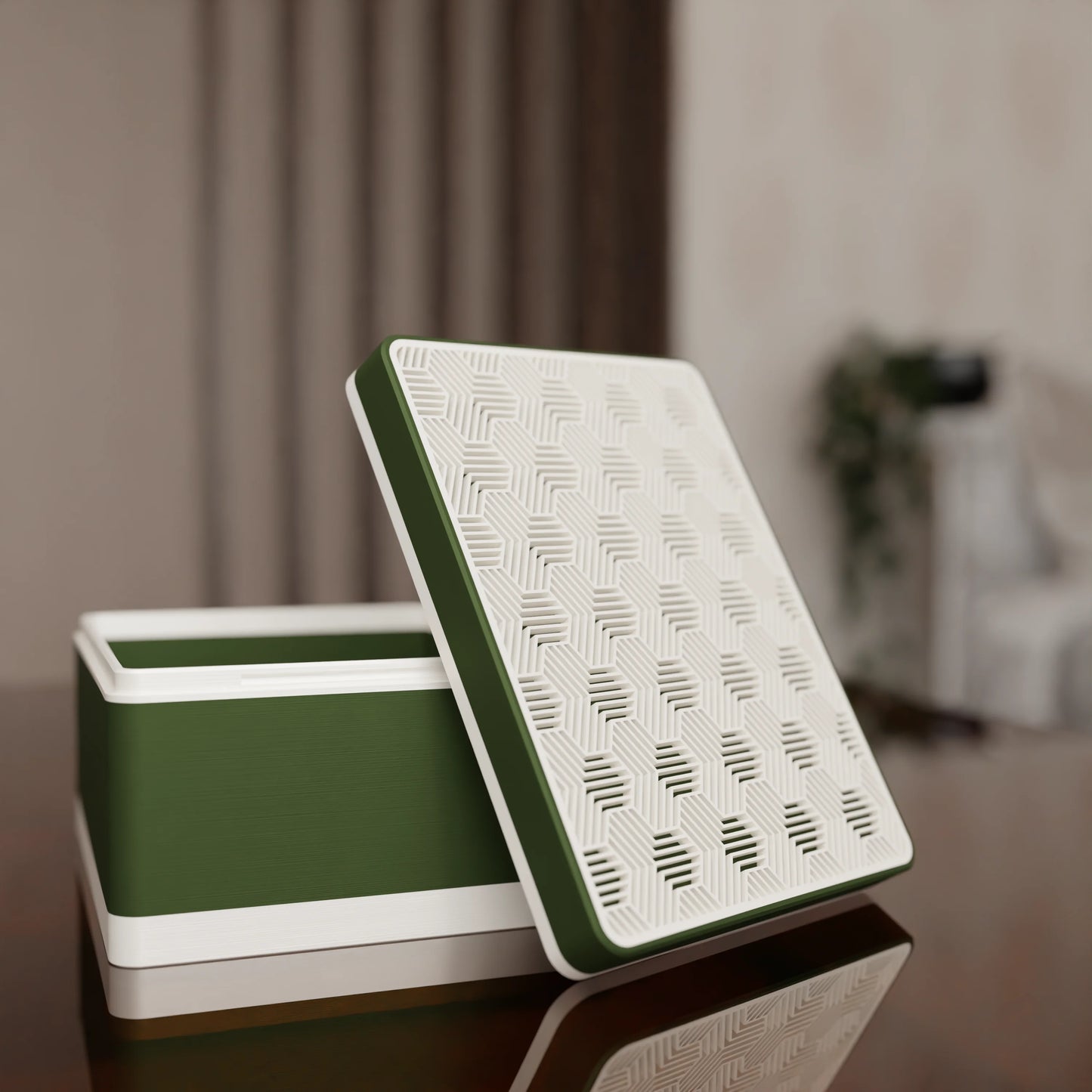 Elegant gift box Triangle with modern pattern, open, Medium - 20x15x10, in color Army Dark Green