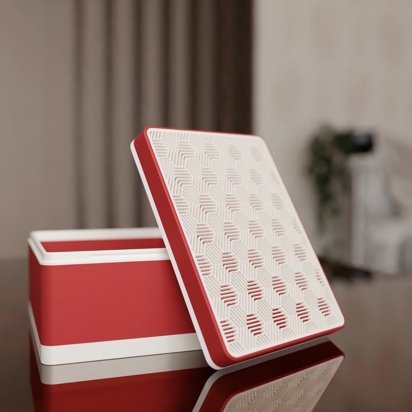 Elegant gift box Triangle with modern pattern, open, Medium - 20x15x10, in color Army Red