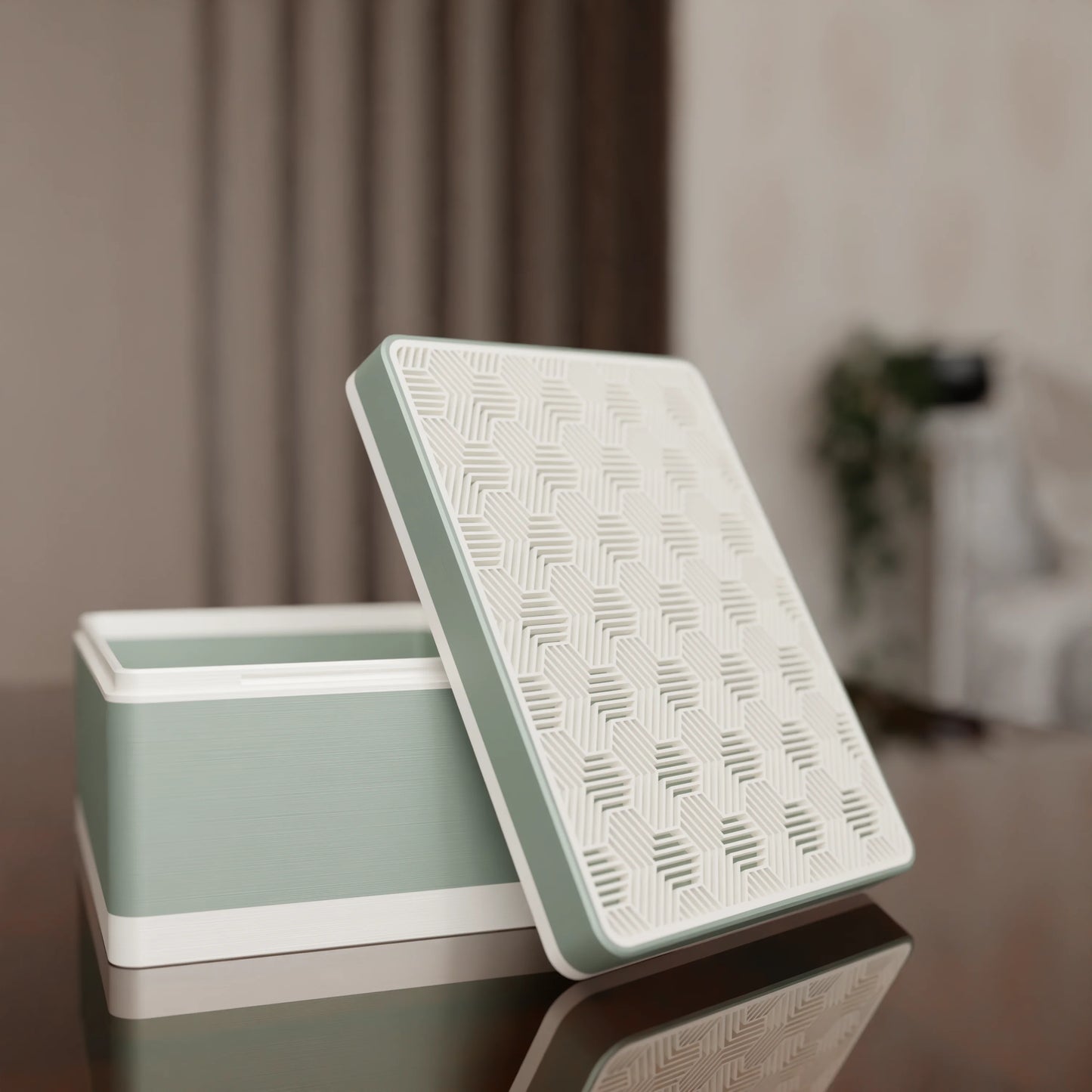 Elegant gift box Triangle with modern pattern, open, Medium - 20x15x10, in color Muted Green