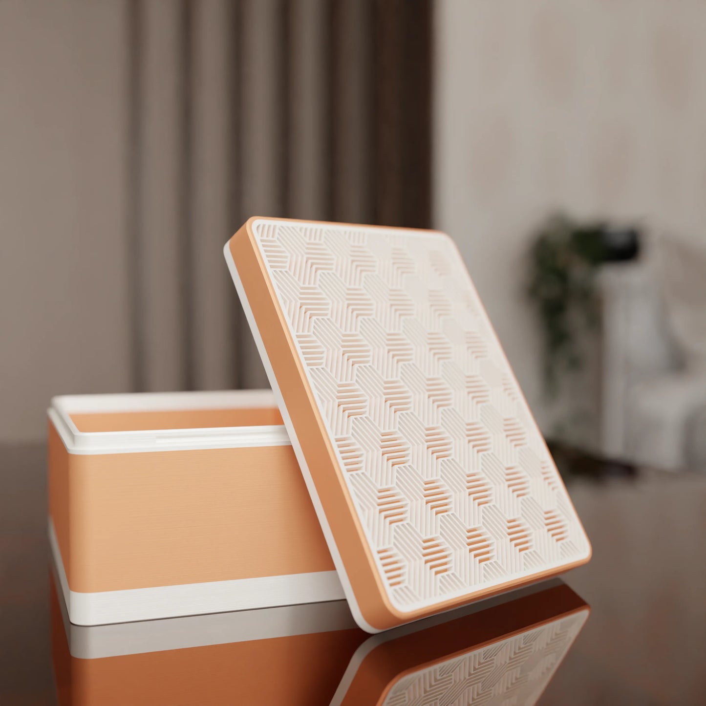 Elegant gift box Triangle with modern pattern, open, Medium - 20x15x10, in color Peach