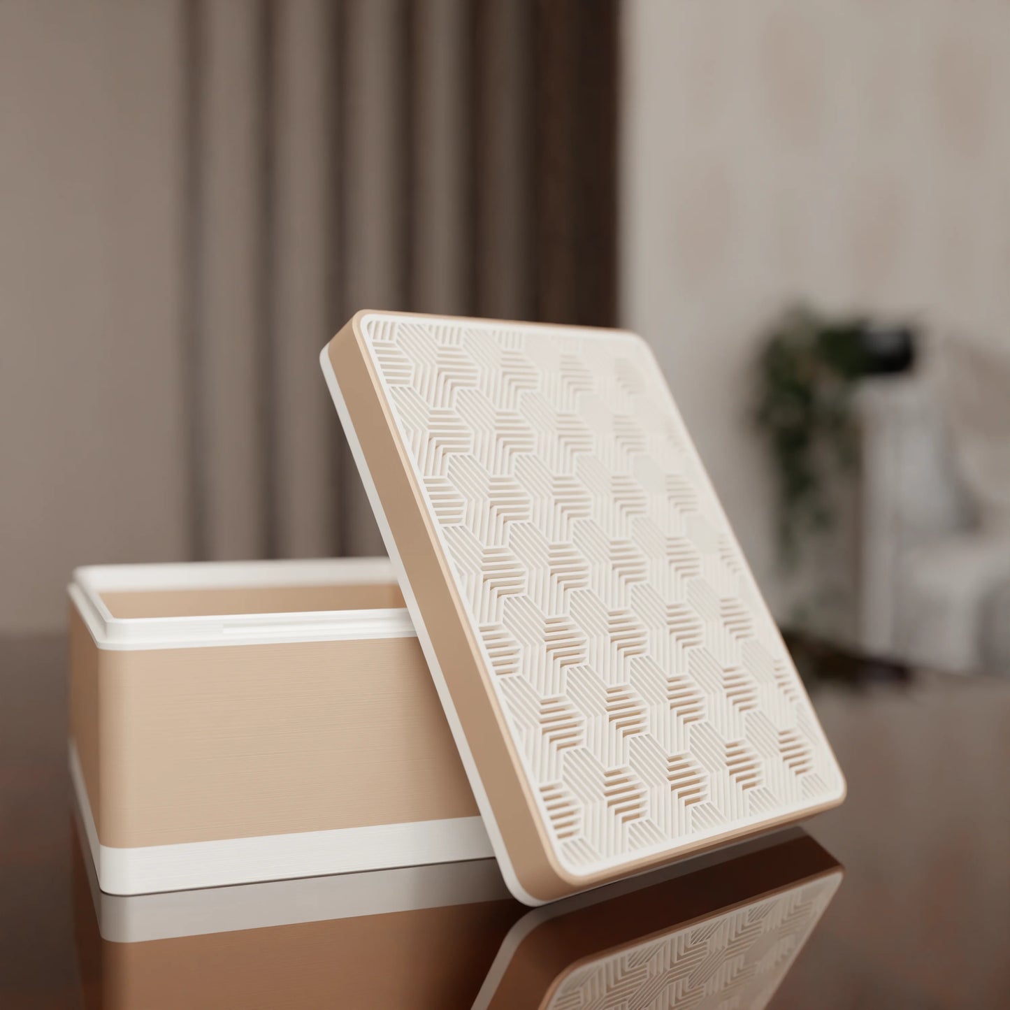Elegant gift box Triangle with modern pattern, open, Medium - 20x15x10, in color Peanut