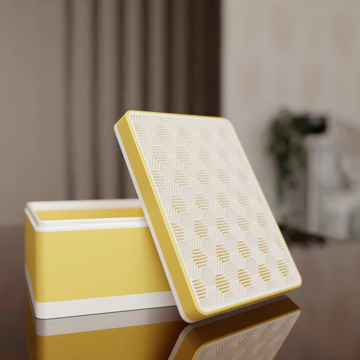 Elegant gift box Triangle with modern pattern, open, Medium - 20x15x10, in color Savannah Yellow