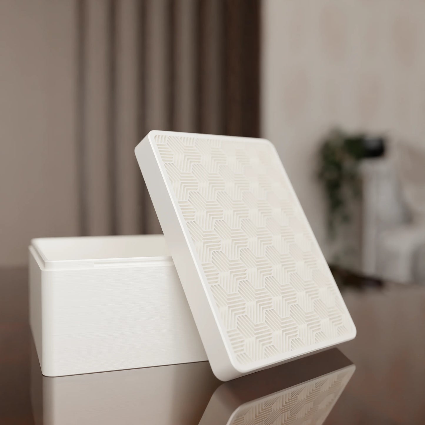 Elegant gift box Triangle with modern pattern, open, Medium - 20x15x10, in color Cotton White