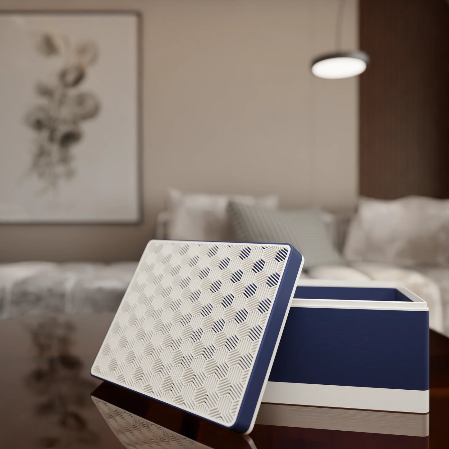Elegant gift box Triangle with modern pattern, open, Large - 25x20x14, in color Army Dark Blue