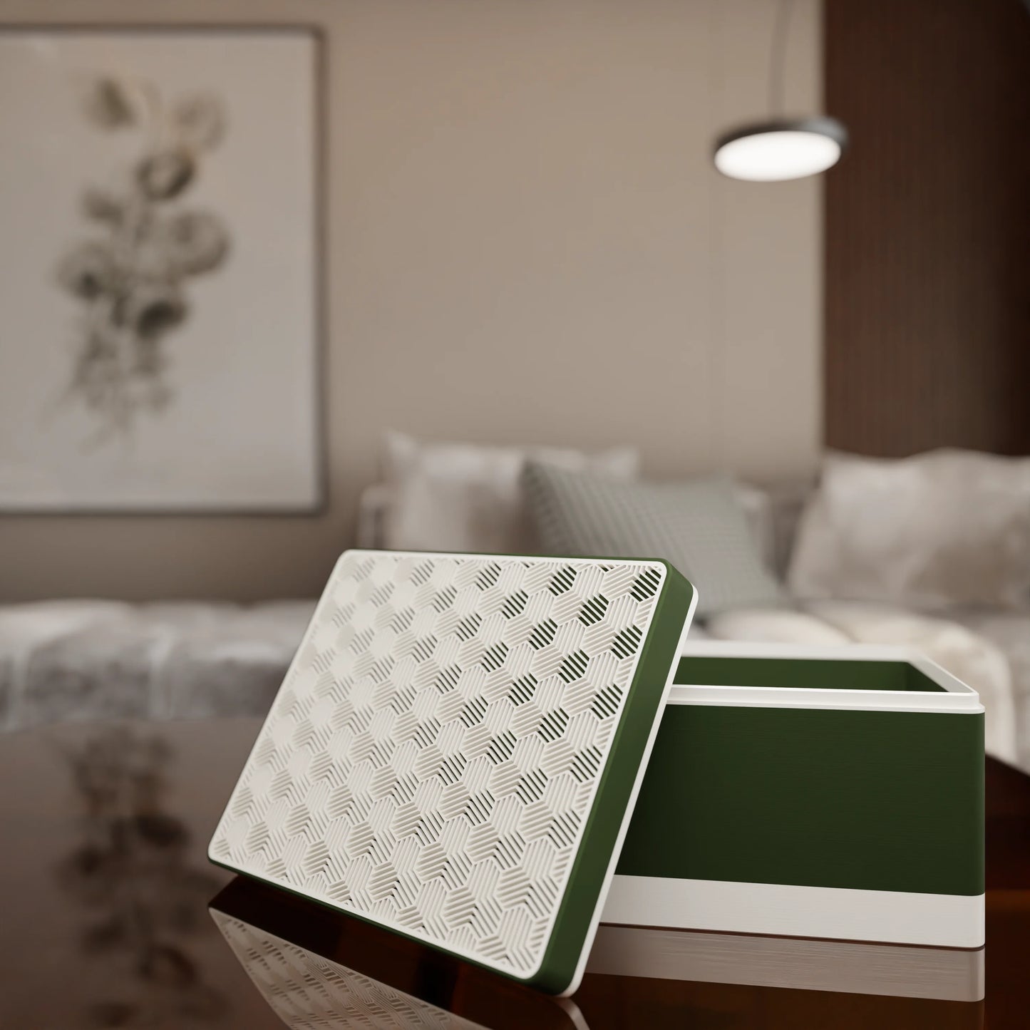 Elegant gift box Triangle with modern pattern, open, Large - 25x20x14, in color Army Dark Green