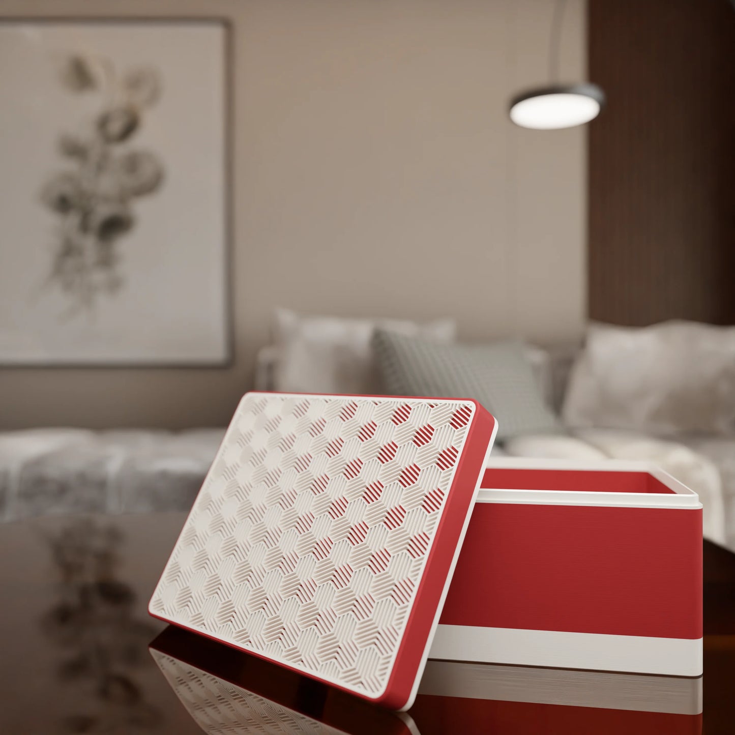Elegant gift box Triangle with modern pattern, open, Large - 25x20x14, in color Army Red