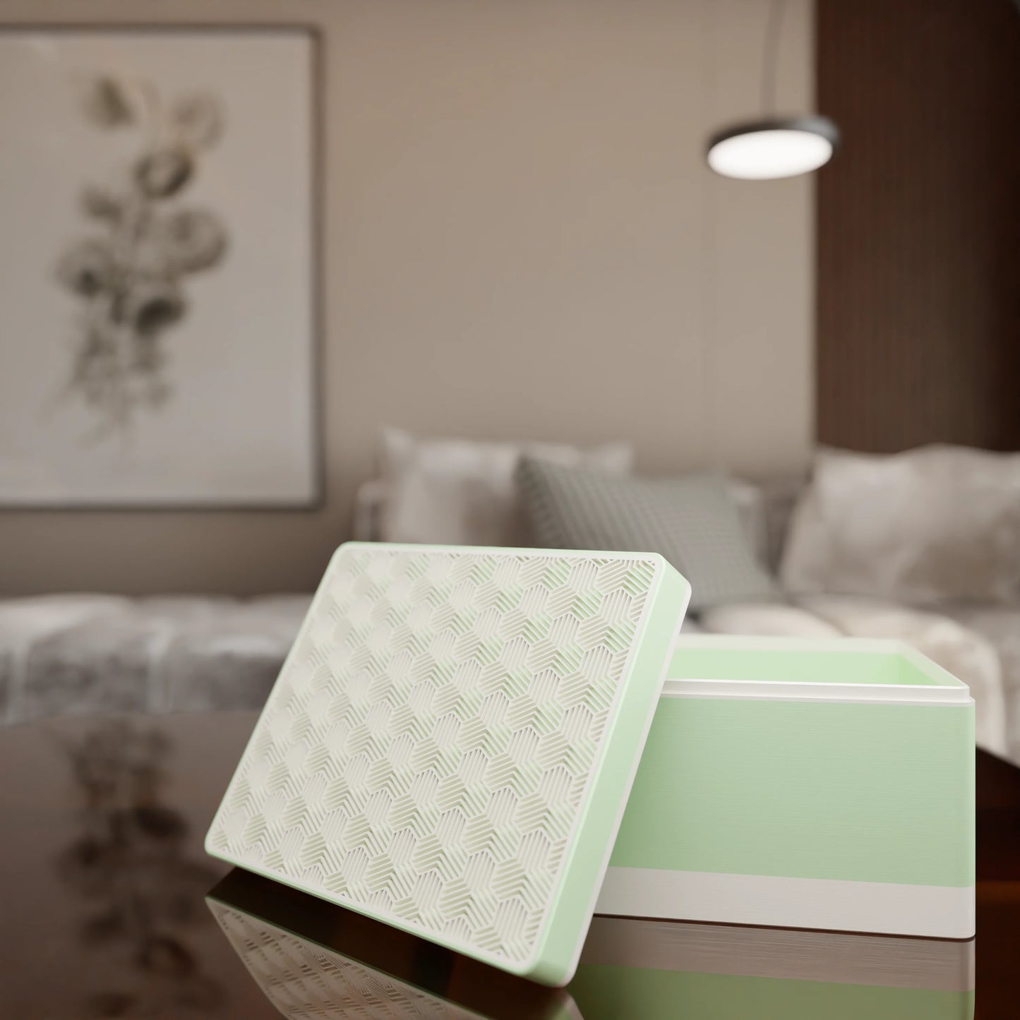 Elegant gift box Triangle with modern pattern, open, Large - 25x20x14, in color Mint