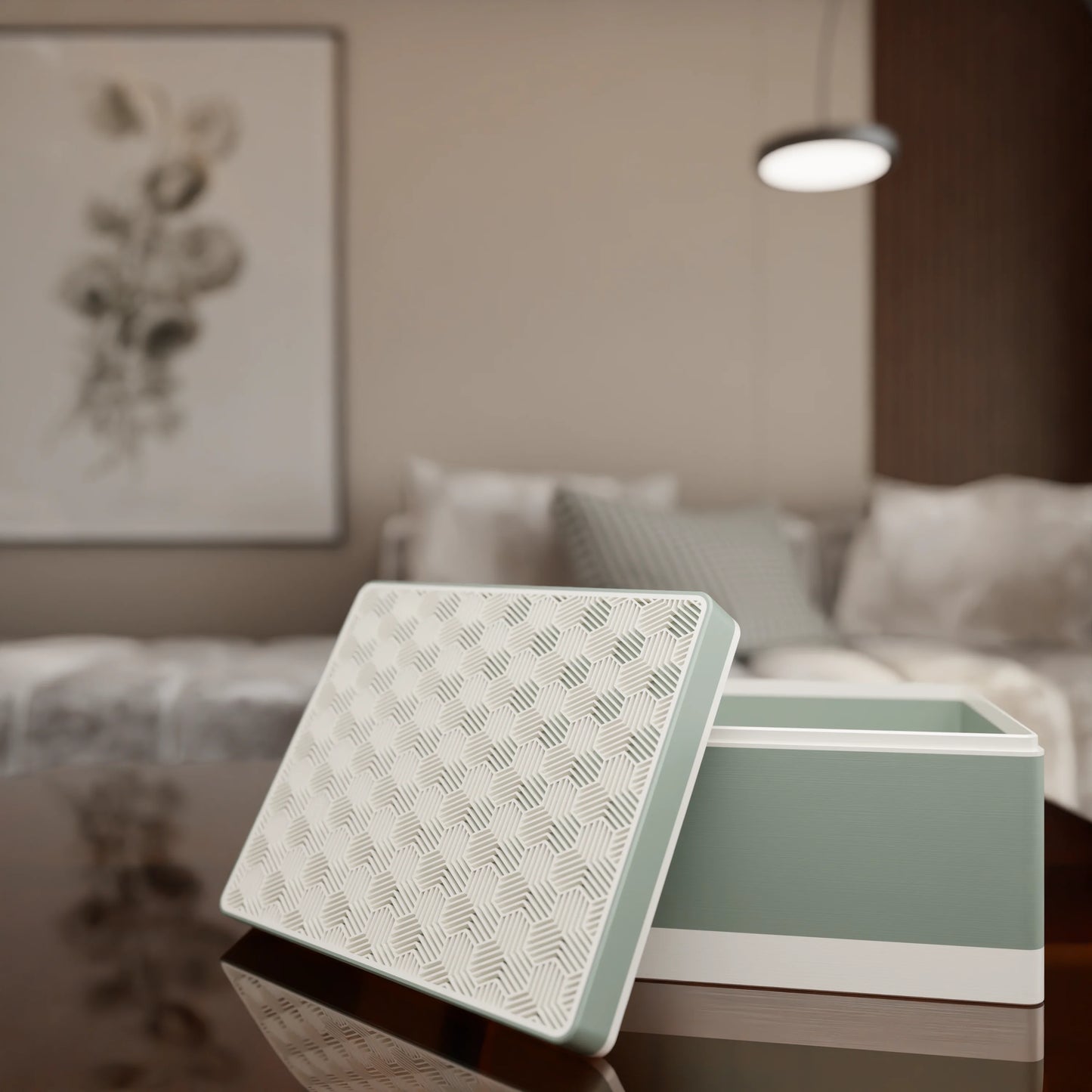 Elegant gift box Triangle with modern pattern, open, Large - 25x20x14, in color Muted Green