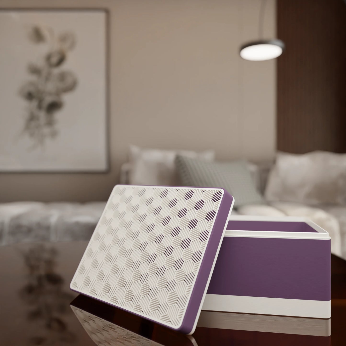 Elegant gift box Triangle with modern pattern, open, Large - 25x20x14, in color Muted Purple