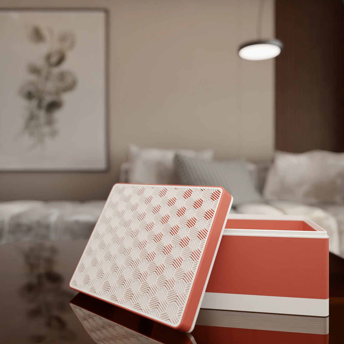 Elegant gift box Triangle with modern pattern, open, Large - 25x20x14, in color Matt Red