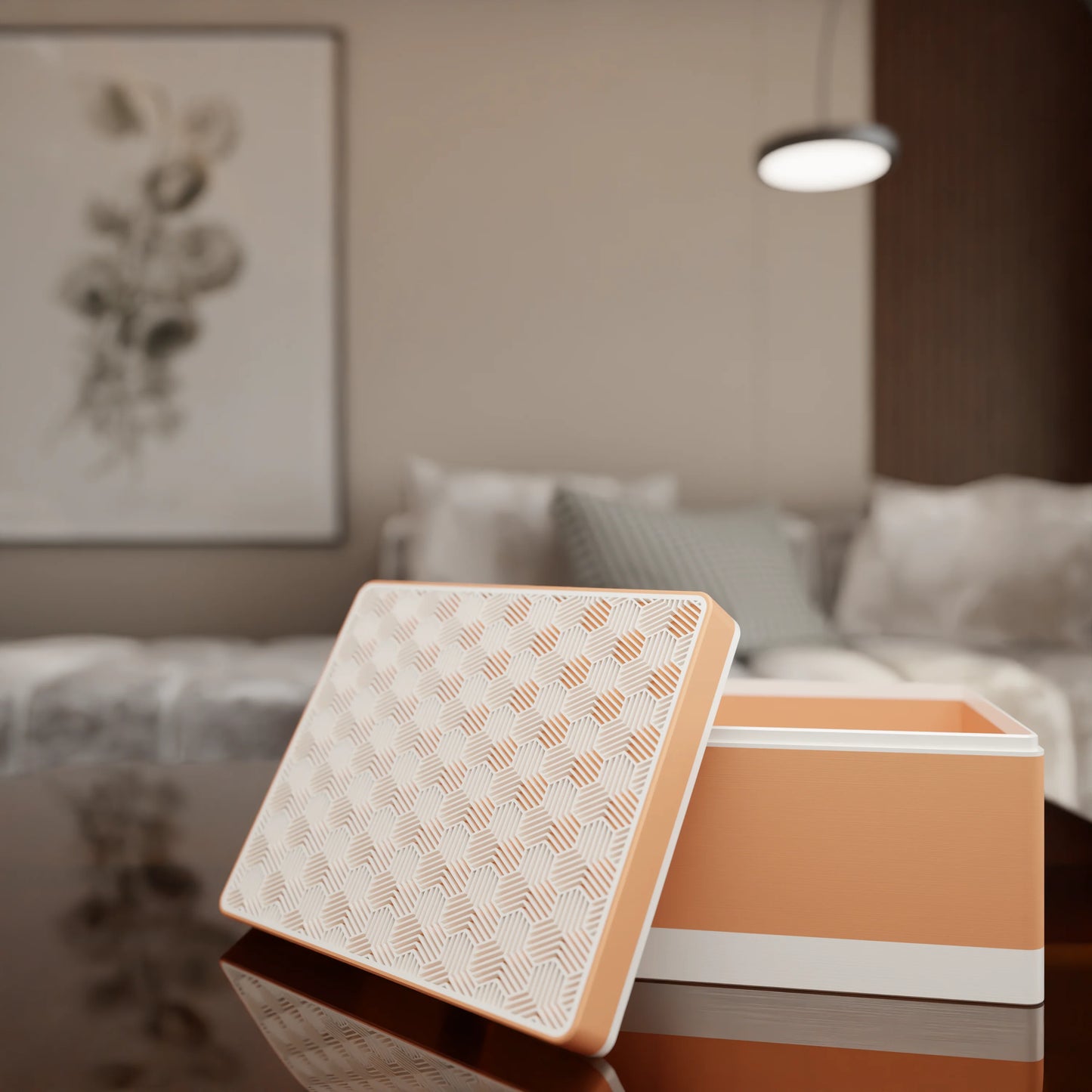 Elegant gift box Triangle with modern pattern, open, Large - 25x20x14, in color Peach