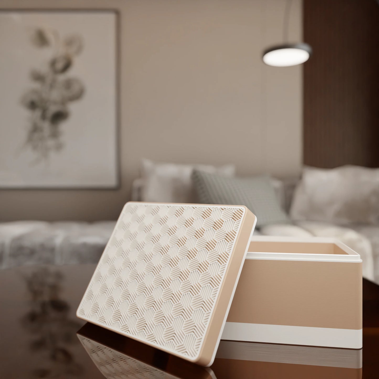 Elegant gift box Triangle with modern pattern, open, Large - 25x20x14, in color Peanut
