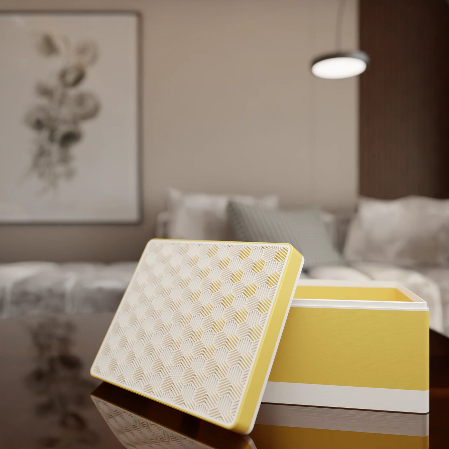 Elegant gift box Triangle with modern pattern, open, Large - 25x20x14, in color Savannah Yellow